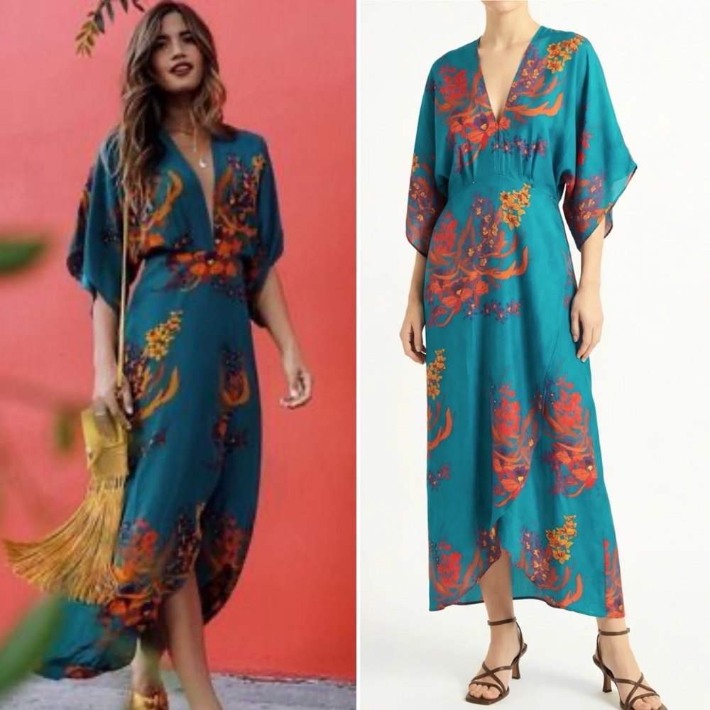 Jaline resort Katherine Green Floral Maxi Dress kimono style turquoise green